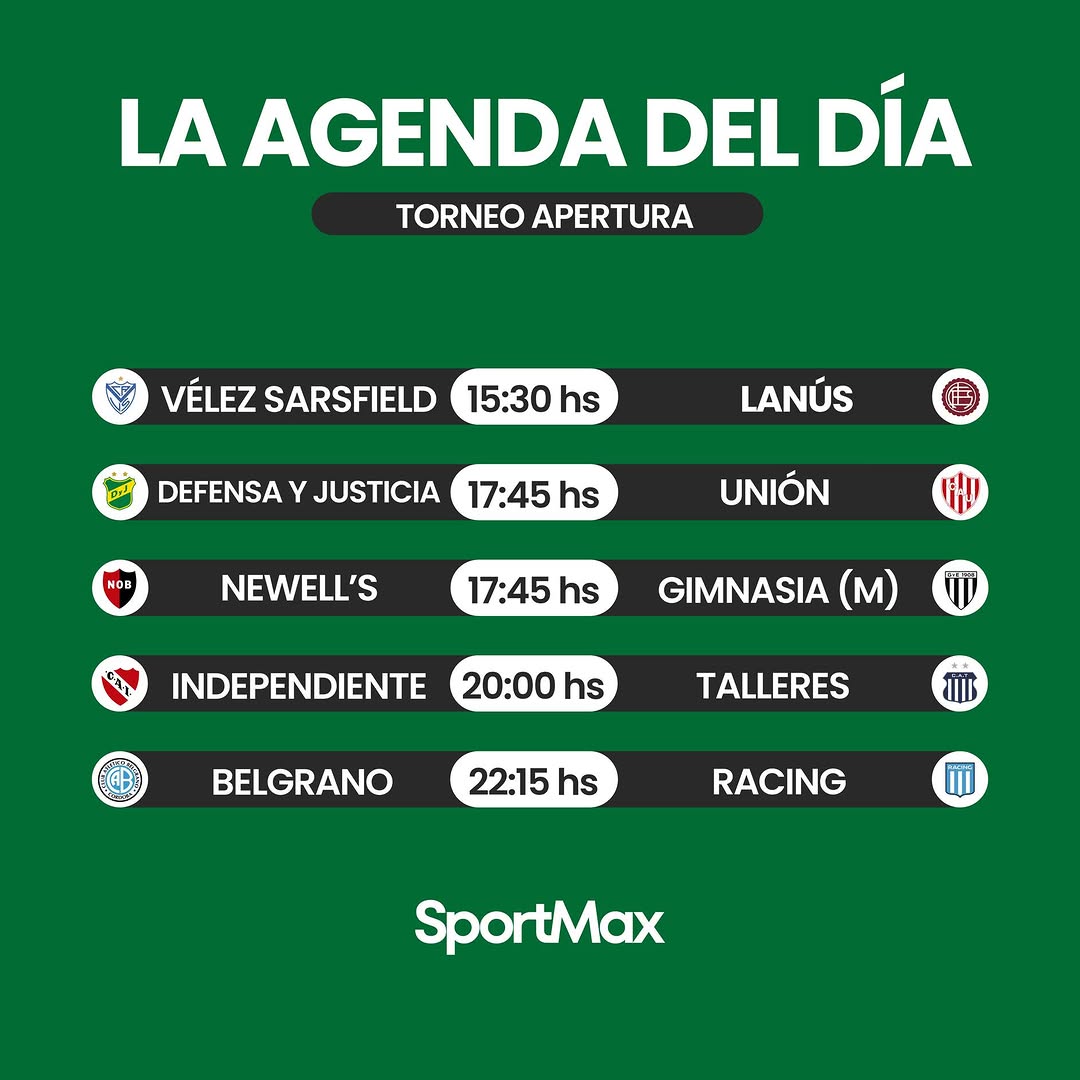 Photo by Sportmax on March 21, 2026. May be an image of ‎sports equipment and ‎text that says '‎LA AGENDA DEL DÍA TORNEO APERTURA V VÉLEZ SARSFIELD 15:30 hs LANÚS DEFENSA Y JUSTICIA 17:45 hs NOB NEWELL'S NEWELL'S UNIÓN اندما 17:45 hs GIMNASIA (m) INDEPENDIENTE 20:00 hs TALLERES BELGRANO 22:15 hs RACING SportMax‎'‎‎.